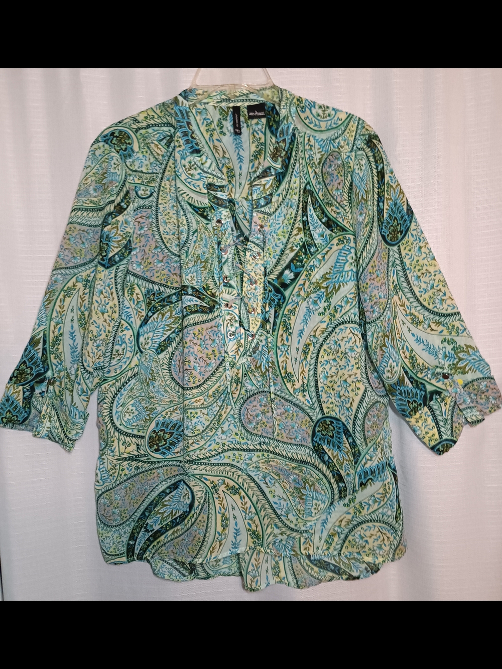 ND New Direction Blouse Lightweight Paisley Print V-Neck Blouse - Green/Blue